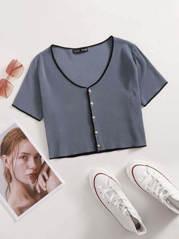  Crop Dusty Blue Short Sleeve Women Knitwear 3479