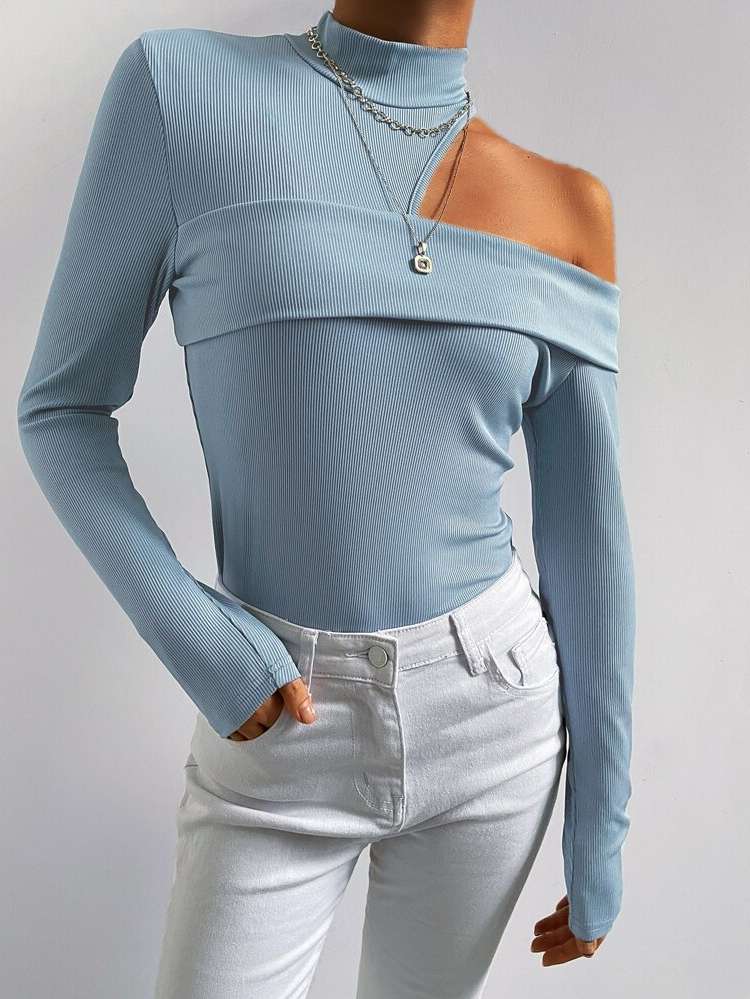  Plain Stand Collar Cut Out Women Clothing 6377