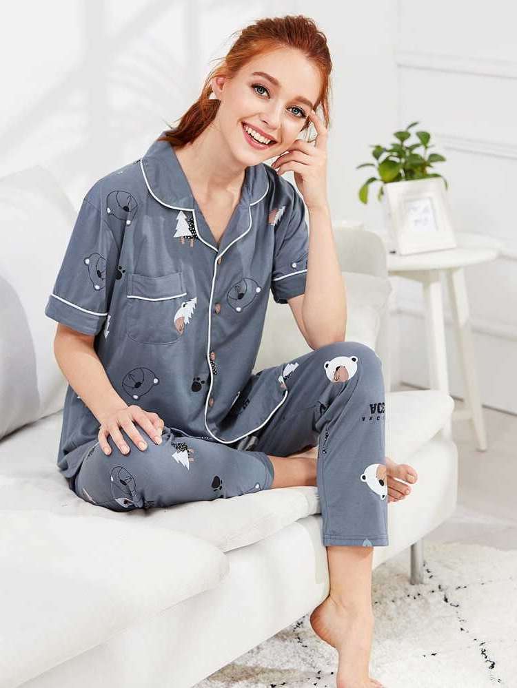 Short Sleeve Dusty Blue Cute Women Pajama Sets 5118