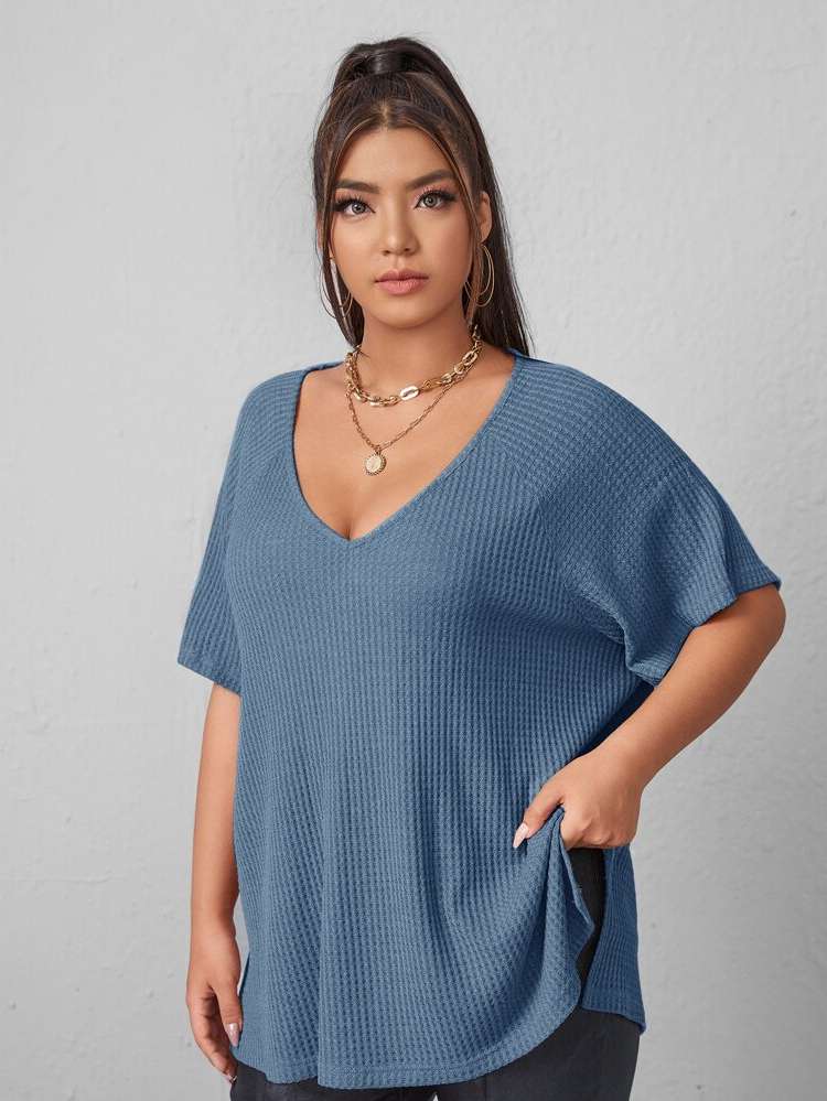 Casual Plain Dusty Blue Oversized Plus Size T-shirts 3091