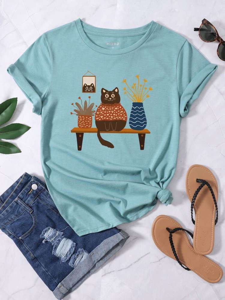 Dusty Blue Casual Cartoon Women Tops, Blouses  Tee 649