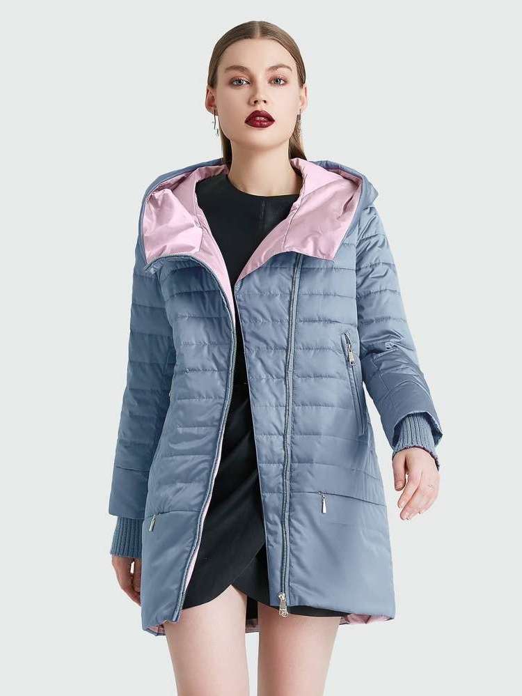 Dusty Blue Zipper Hooded Women Winter Coats 3597