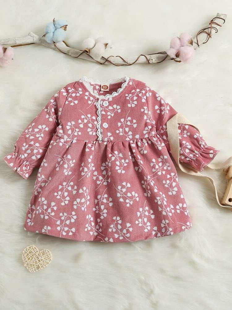 Round Neck Long Sleeve Dusty Pink Contrast Lace Baby Clothing 5645