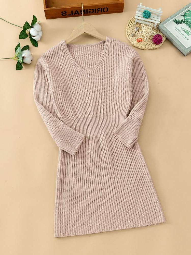 Regular Fit Long Sleeve Rib-Knit Girls Sweater Dresses 6303