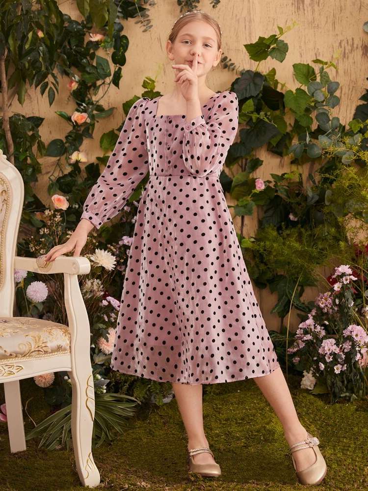 Polka Dot Zipper Glamorous Dusty Pink Girls Dresses 9298