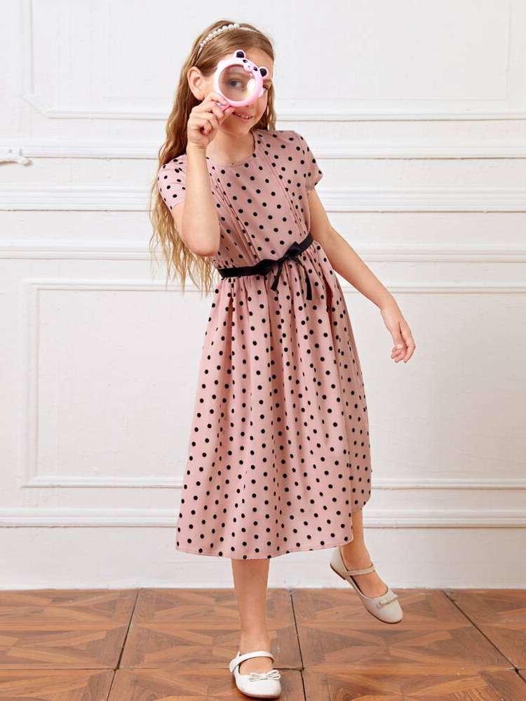 Round Neck Belted Short Sleeve Kids Clothing 2384