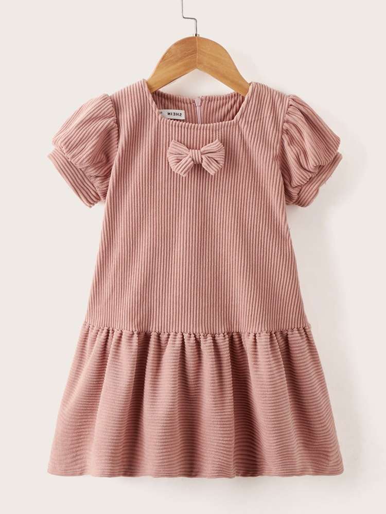 Round Neck Plain Regular Fit Ruffle Hem Toddler Girl Dresses 158