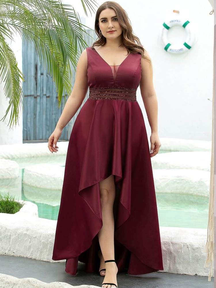 Maxi Glamorous V neck Tape Plus Size Bridesmaid Dresses 322