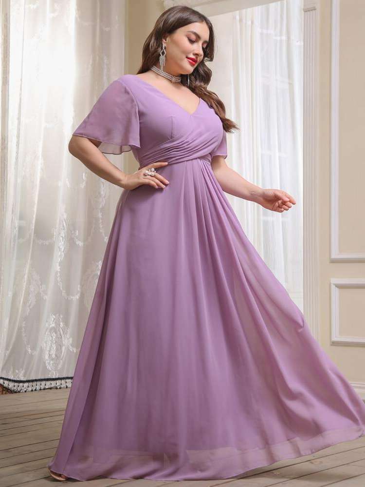  Deep V Neck Backless Short Sleeve Plus Size Bridesmaid Dresses 5202