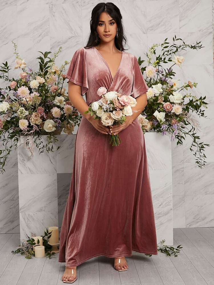 Regular Fit Deep V Neck Maxi Glamorous Wedding  Special 8480