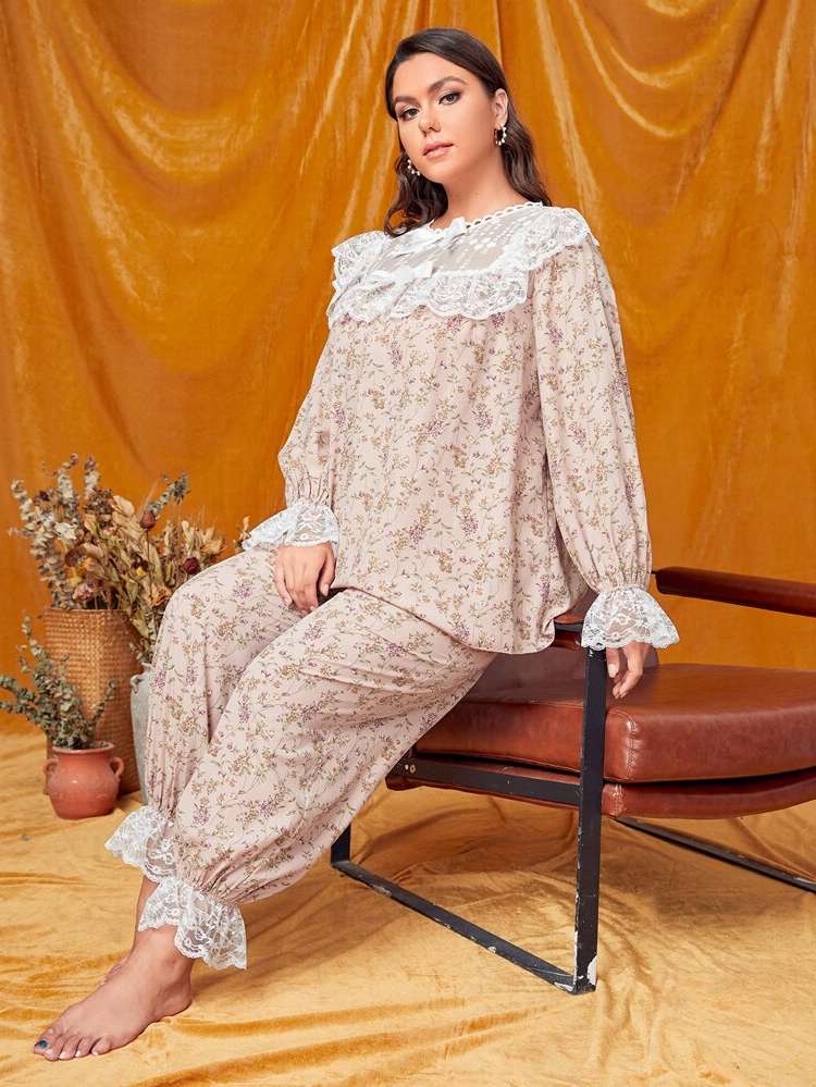 Dusty Pink Floral Bow Round Neck Women Plus Sleep  Lounge 9895