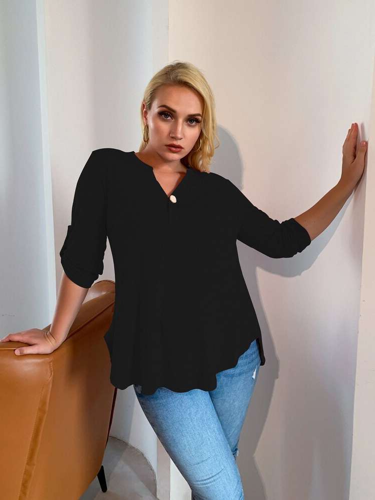 Regular Fit Button Long Plus Size T-shirts 9343