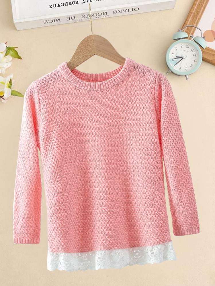 Long Sleeve Regular Eyelet Embroidery Regular Fit Toddler Girl Sweaters 8183