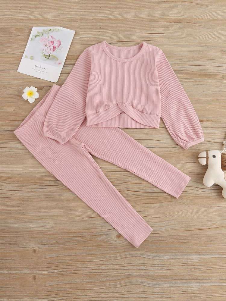 Plain Casual Long Sleeve High Low Toddler Girl Two-piece Outfits 6629