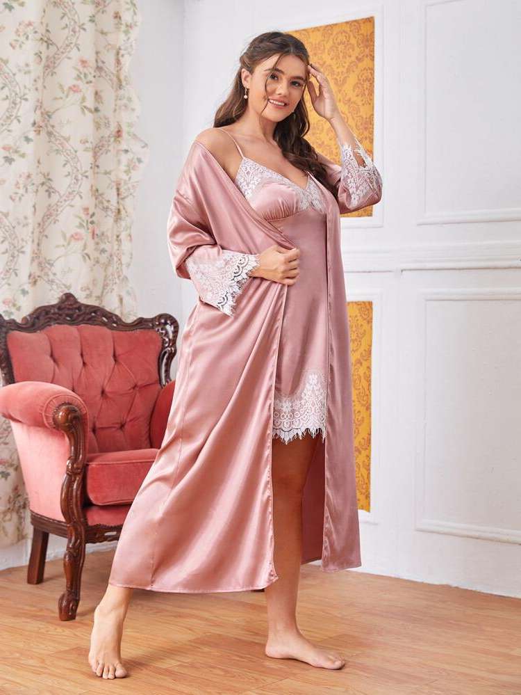  Spaghetti Strap Sleeveless Contrast Lace Plus Size Robes  Robe Sets 9067