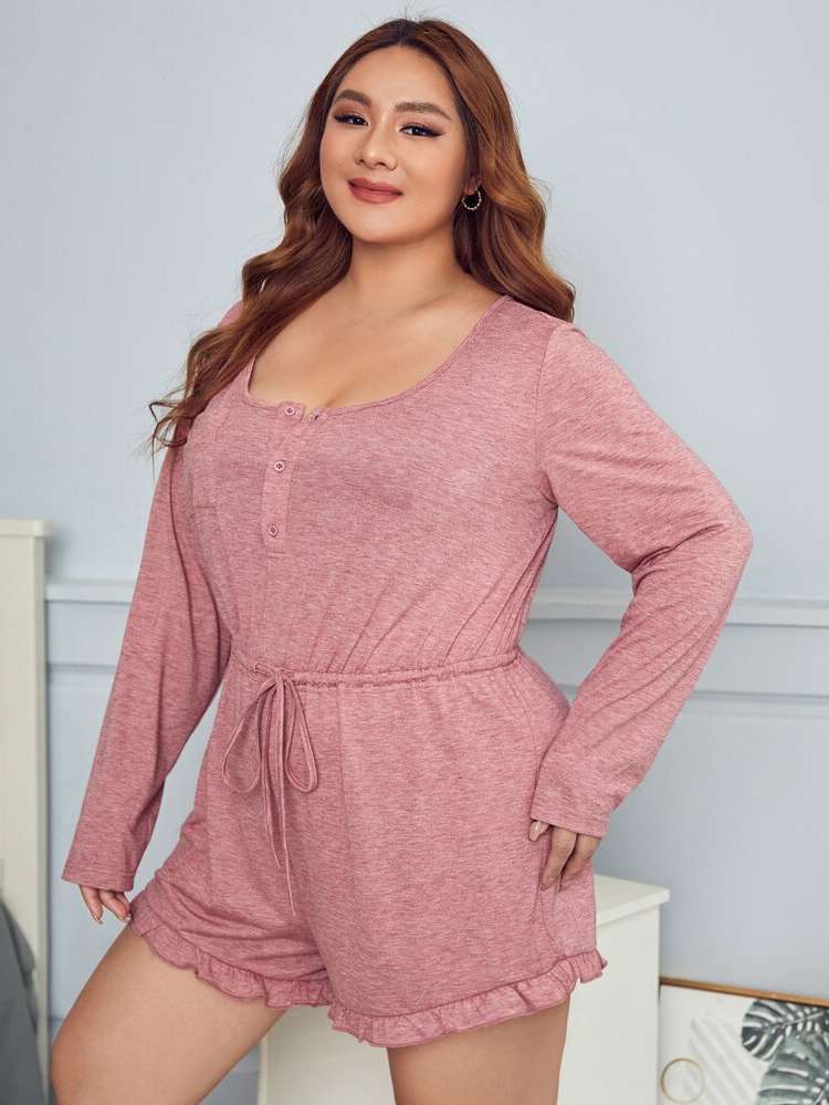 Long Sleeve  Plain Plus Size Sleep Jumpsuits 7169