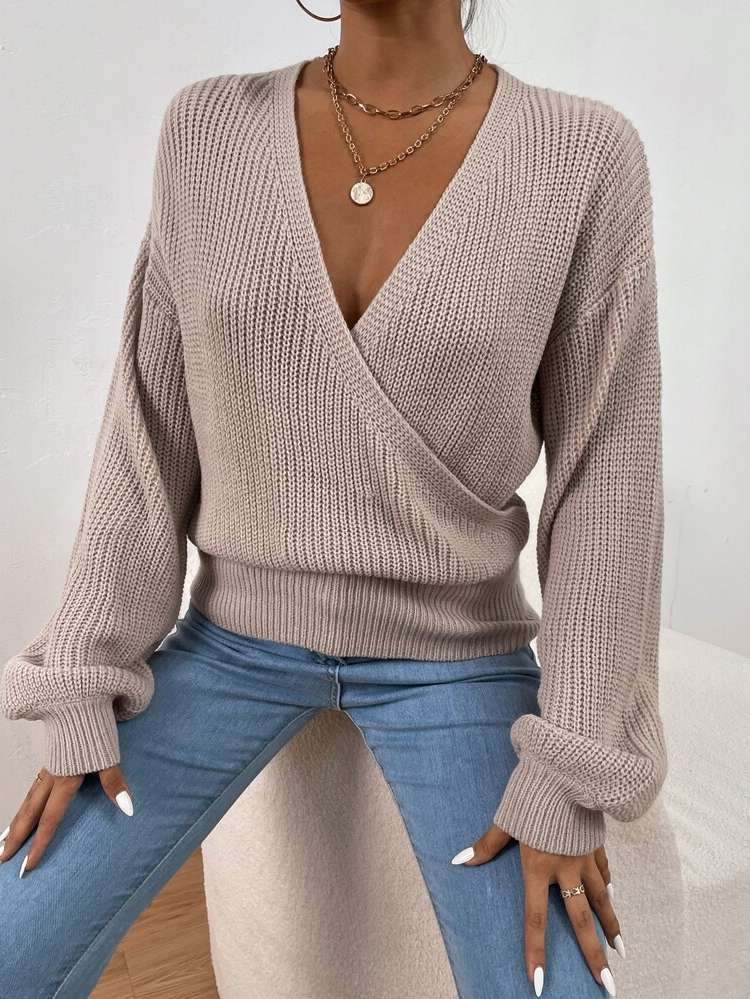  Plain Wrap Deep V Neck Women Clothing 556