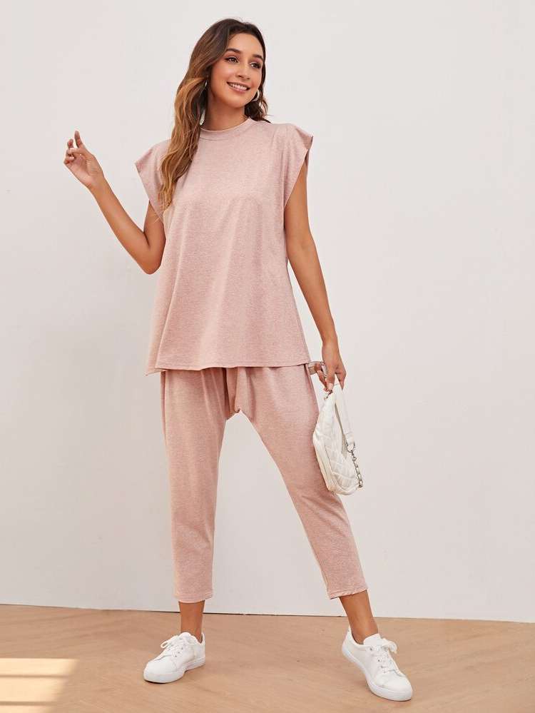 Regular Fit Drawstring Casual Plain Women Two-piece Outfits 5225