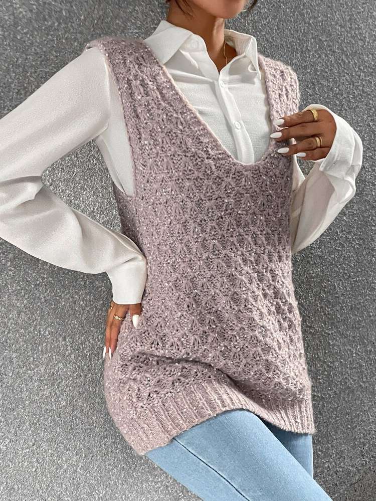 Long V neck Plain Women Sweater Vests 3653