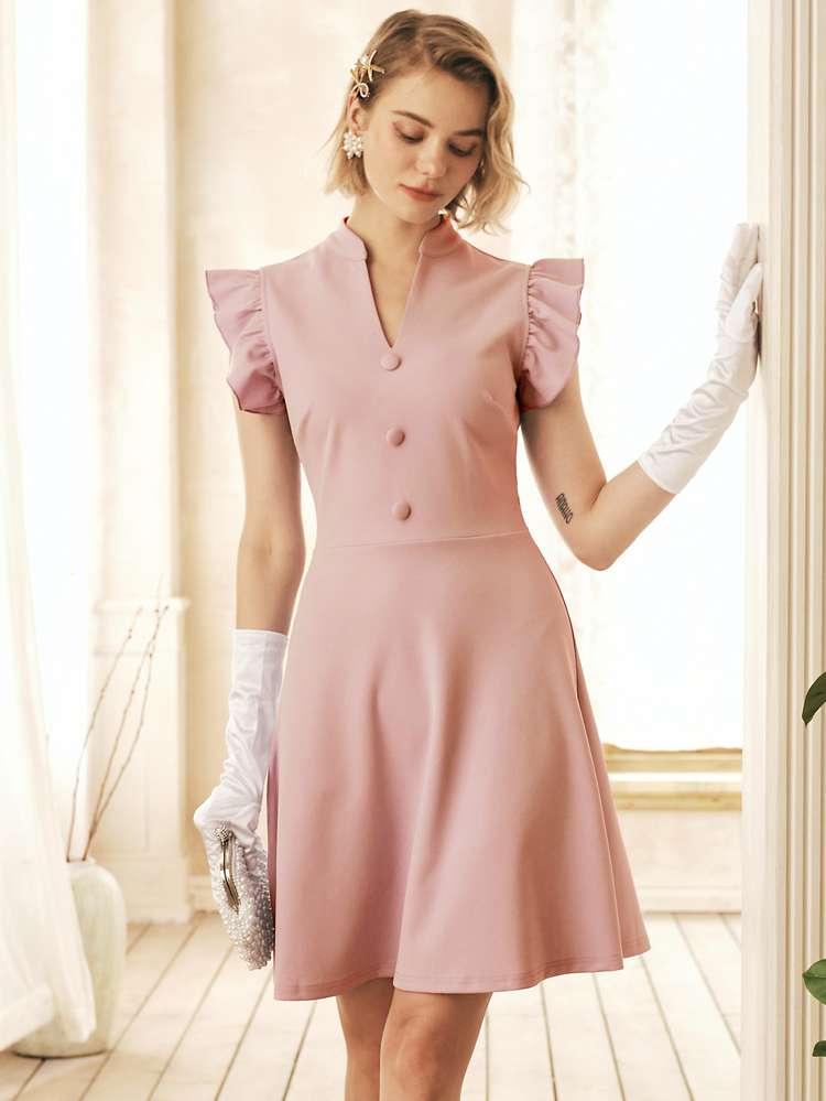 Short Dusty Pink Ruffle Women Dresses 4192