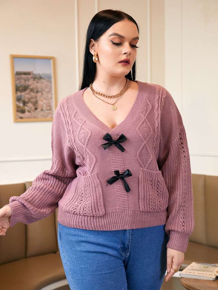 Dusty Pink Bow Long Sleeve Plus Size Knitwear 7410