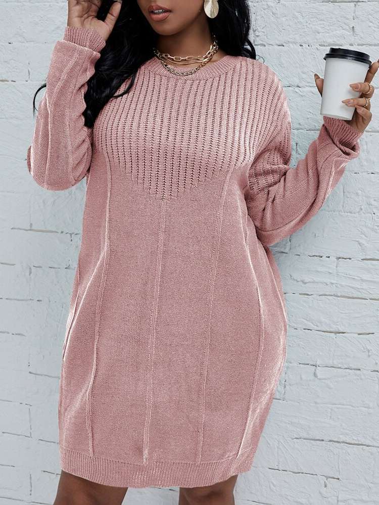 Long Sleeve Short Dusty Pink Rib-Knit Plus Size Knitwear 9226