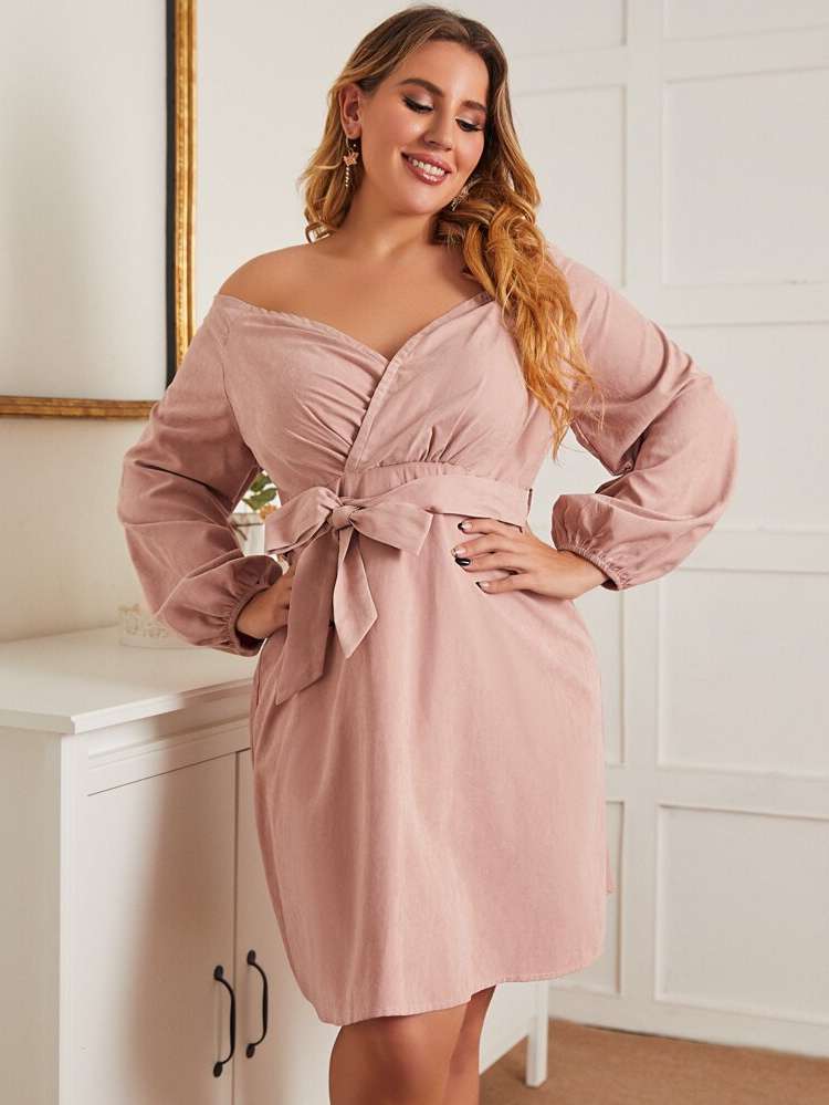 Belted Off the Shoulder Plain Casual Plus Size Dresses 8140