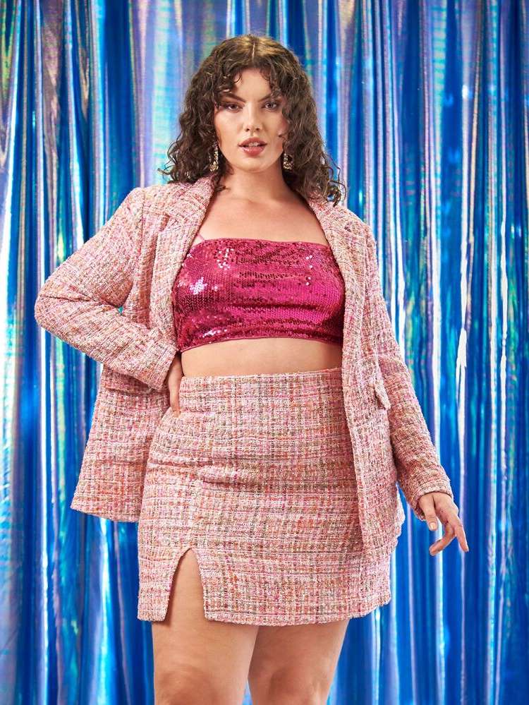  Elegant Plaid Zipper Plus Size Suit Sets 5850