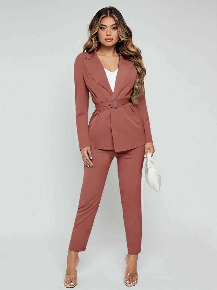 Dusty Pink Ring Long Sleeve Regular Fit Women Suit Sets 6034