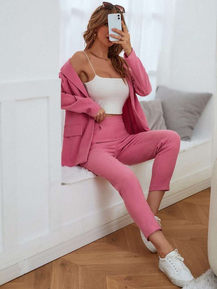  Regular Fit Dusty Pink Lapel Women Clothing 201