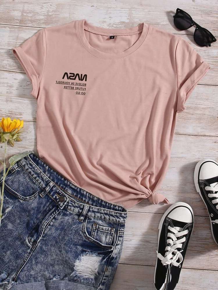 Dusty Pink Casual Regular Women Tops, Blouses  Tee 189