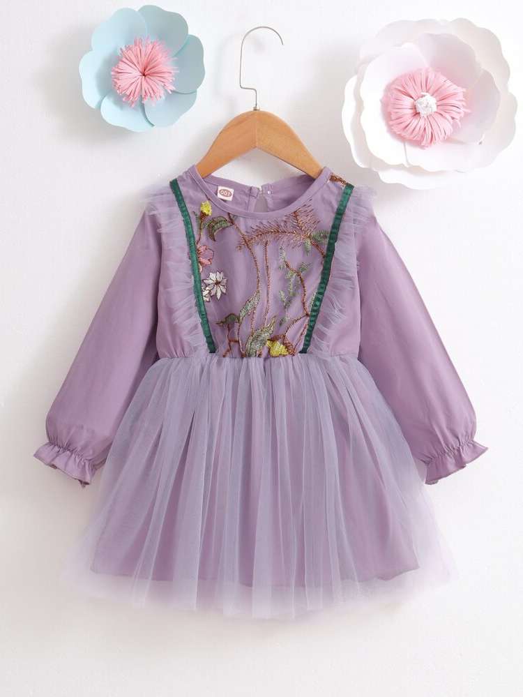 Embroidery Round Neck Regular Fit Toddler Girl Dresses 8868