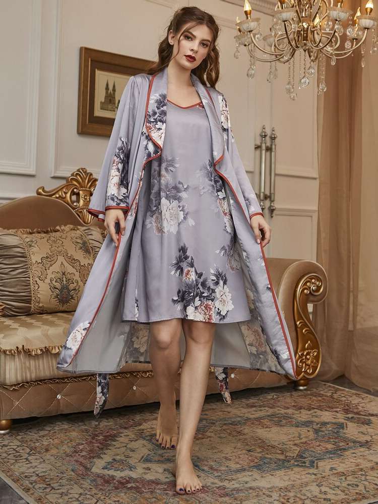 Floral Royal Belted Women Sleepwear 1373