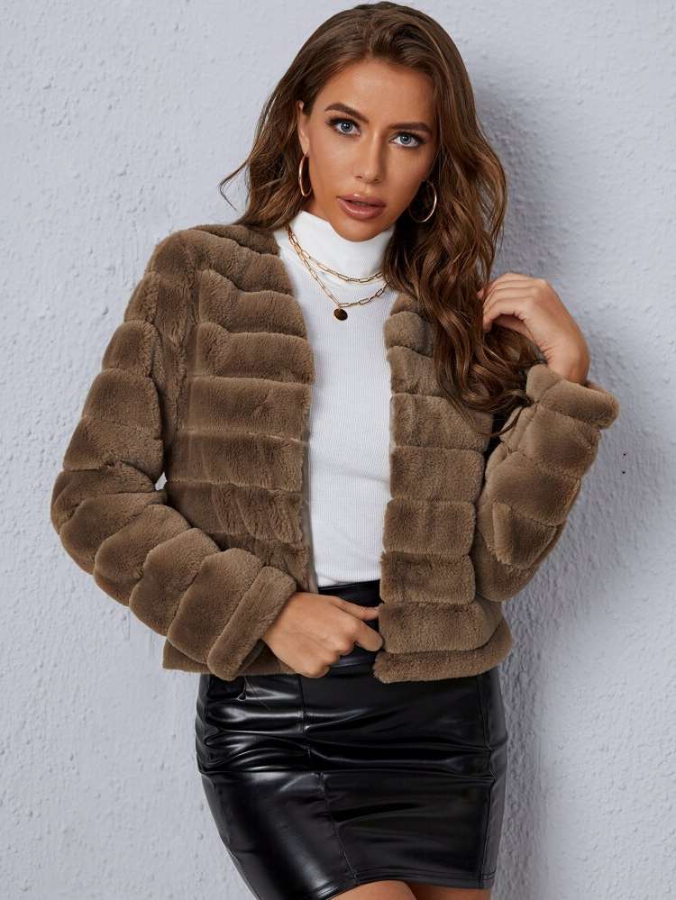   Plain Women Faux Fur Coats 1581