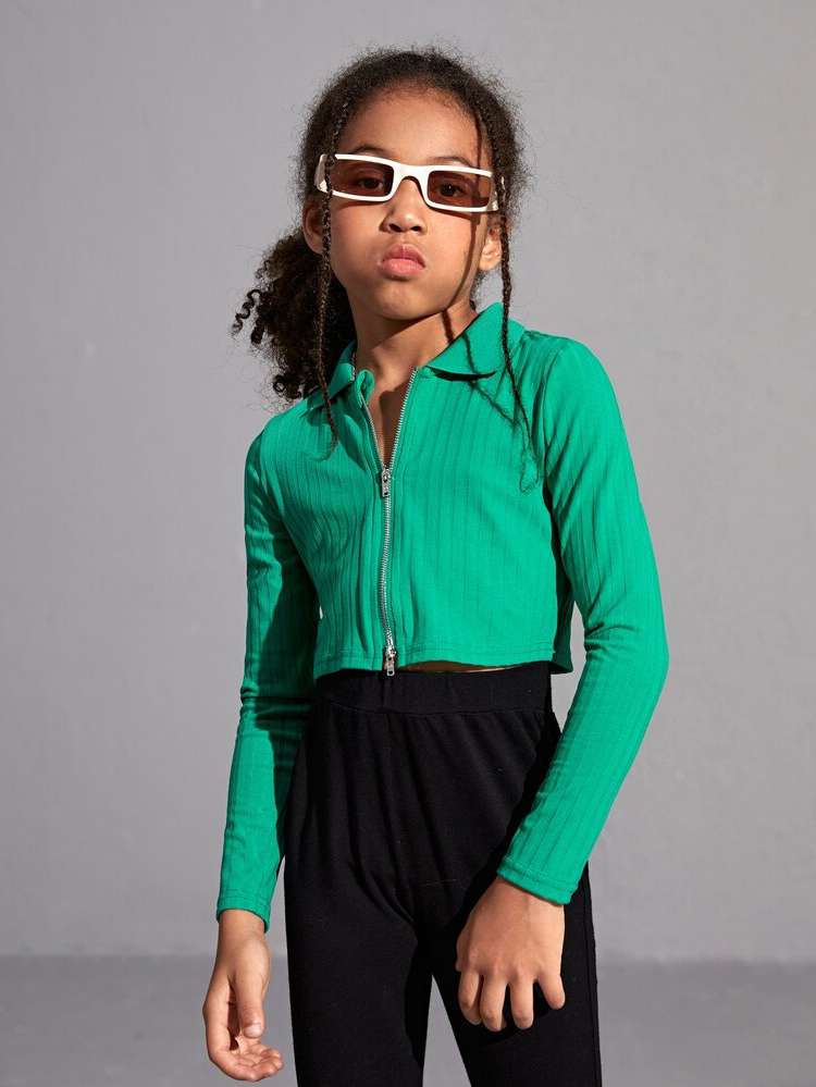  Green Plain Zipper Girls Clothing 4159