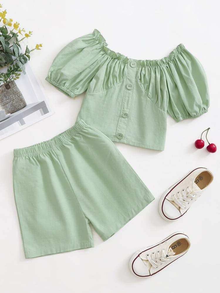  Casual Green Plain Toddler Girls Clothing 1836