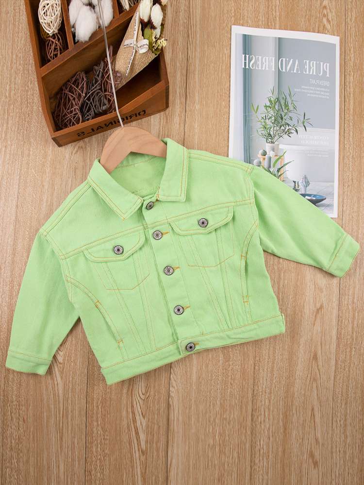 Button Front Green Plain Collar Toddler Girls Clothing 720