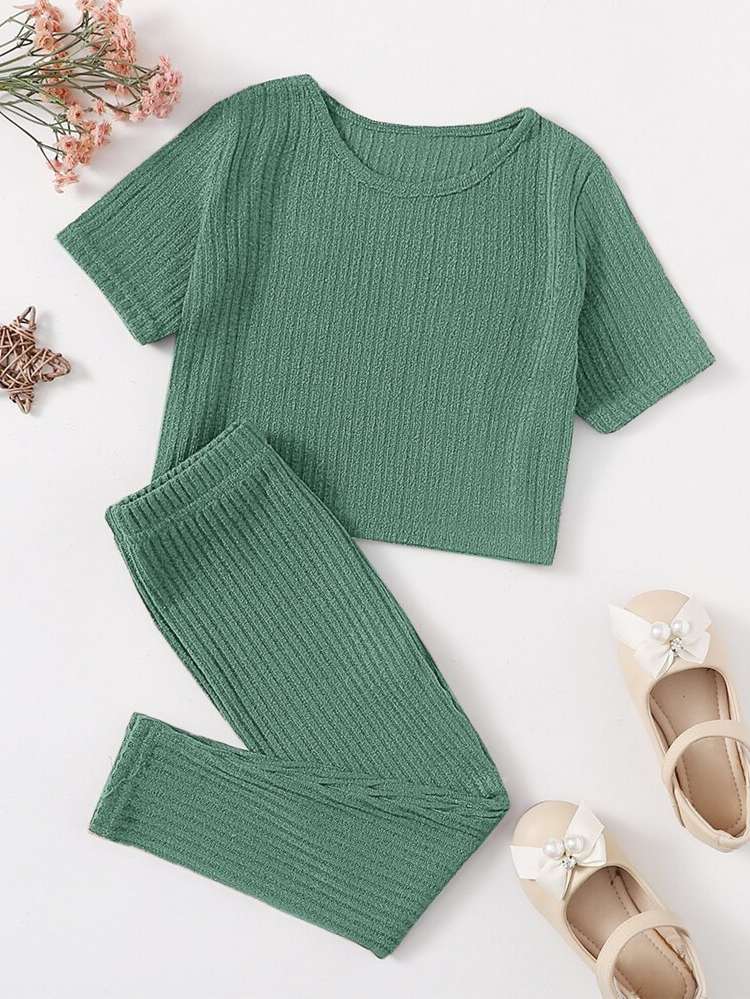 Regular Fit Rib-Knit Green Toddler Girl Two-piece Outfits 2021