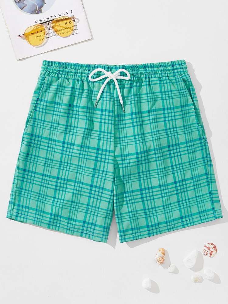 Green Drawstring Plaid Men Swimwear 7532