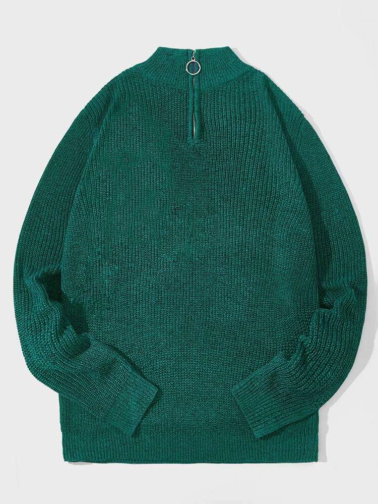 Green Plain Rib-Knit Long Sleeve Men Knitwear 7644