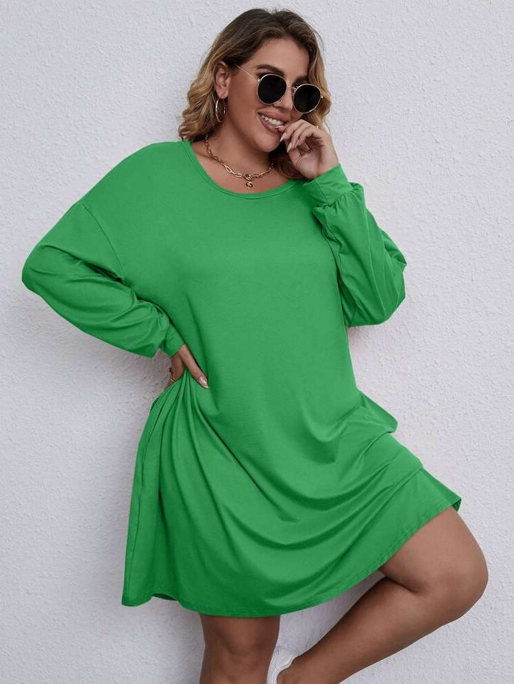  Green Round Neck Long Sleeve Plus Size Dresses 2654