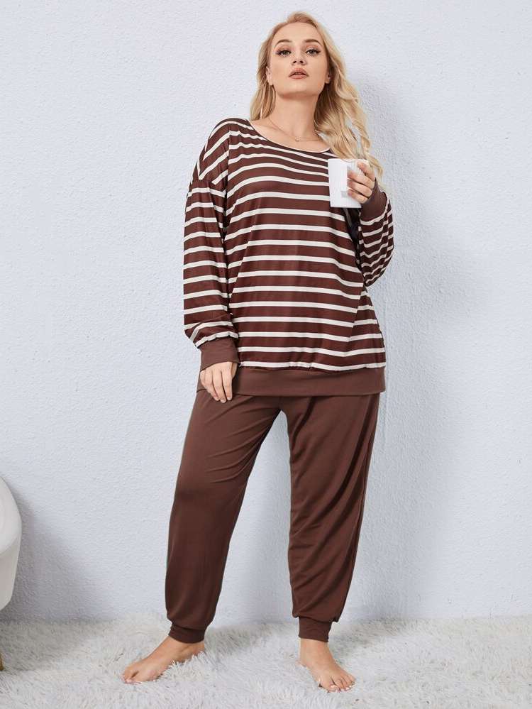 Striped Green Casual Women Plus Sleep  Lounge 153