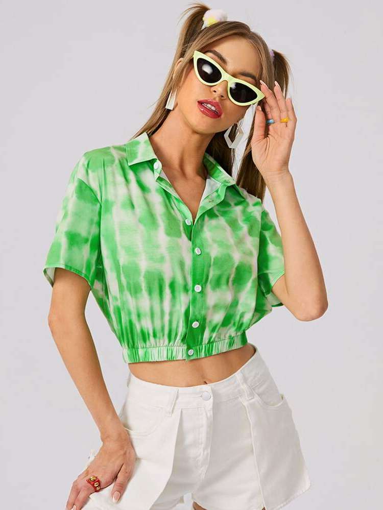 Short Sleeve Green Tie Dye Crop Women Clothing 893