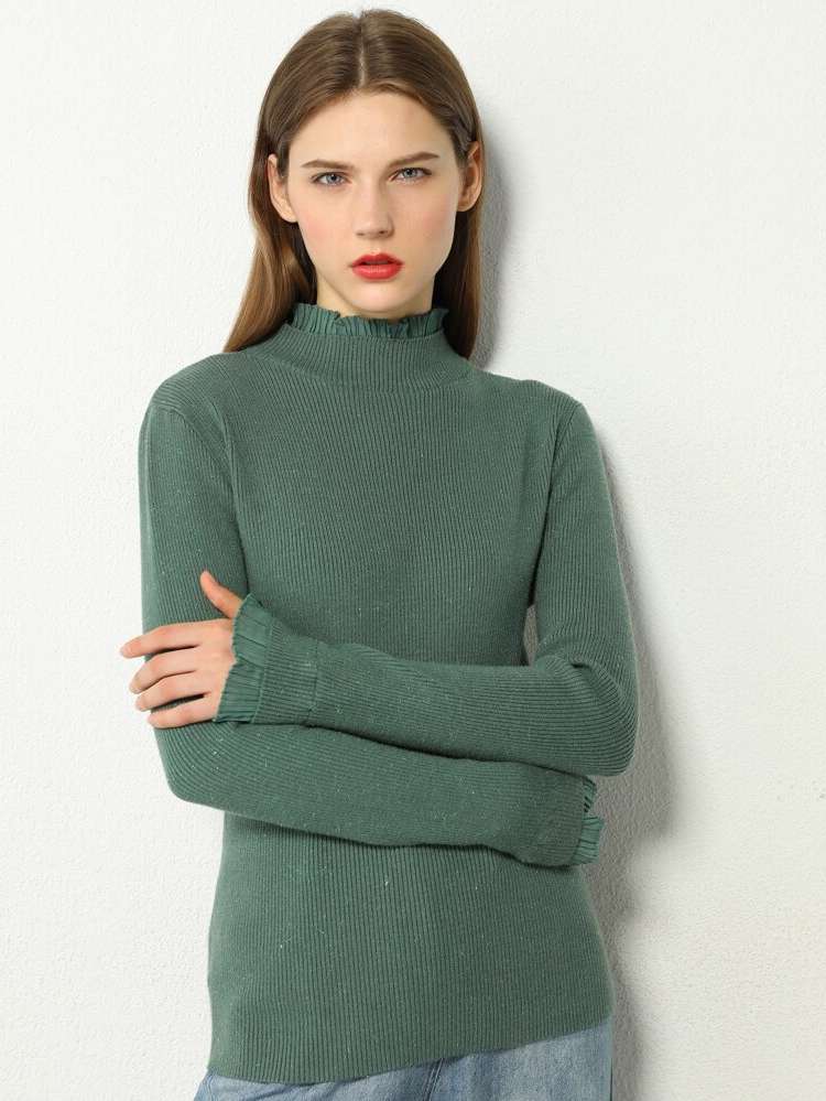 Green Stand Collar Casual Women Knitwear 380