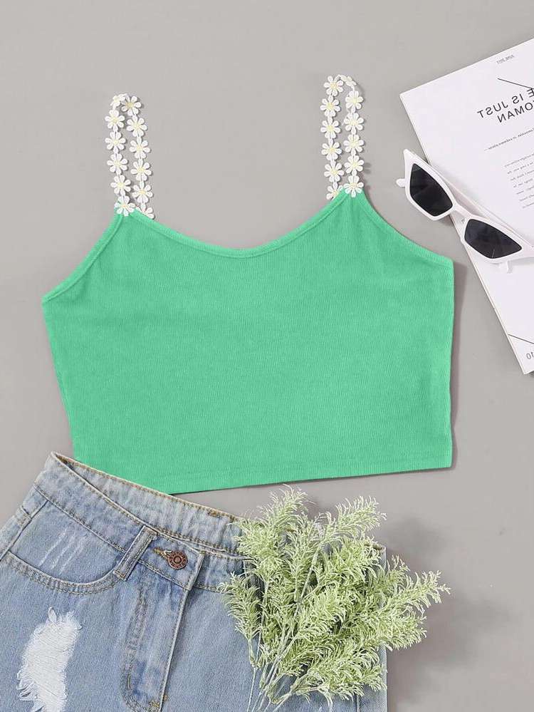 Appliques Regular Fit Spaghetti Strap Crop Women Clothing 1637