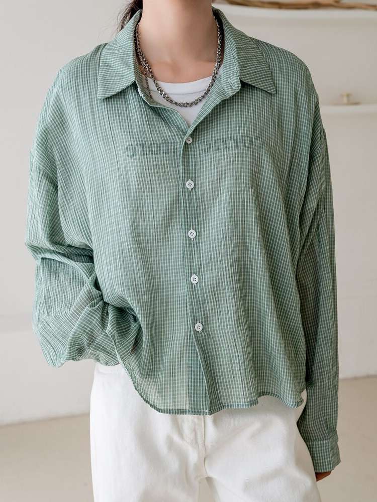 Long Sleeve Green Regular Collar Women Tops, Blouses  Tee 538