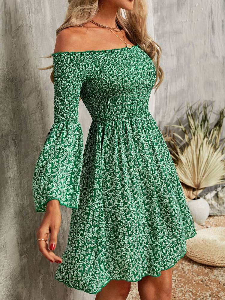 Green Boho Shirred Women Dresses 1548