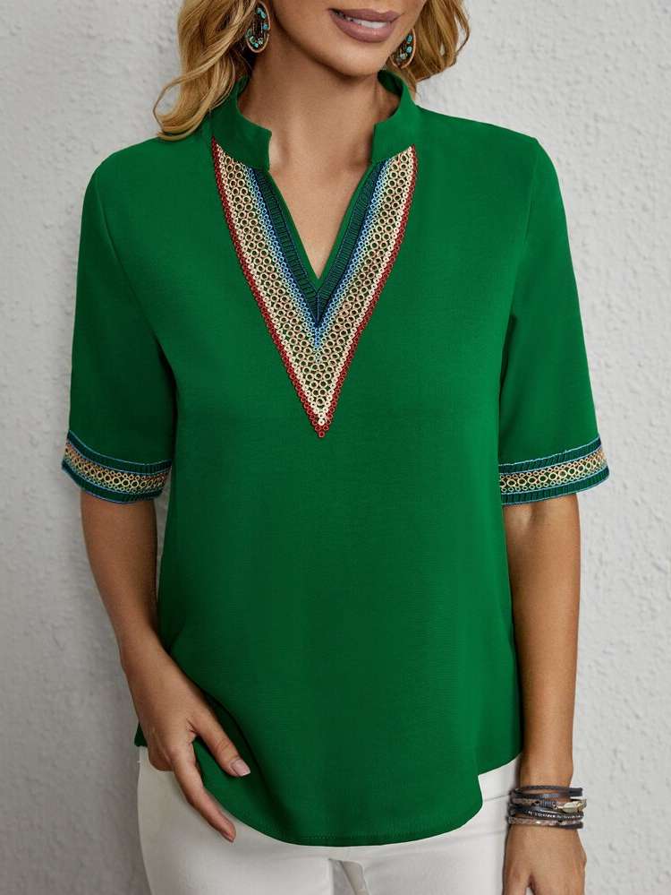 Tape Green Half Sleeve Women Blouses 105