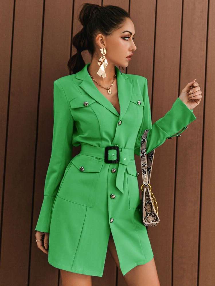 Lapel Green Belted Plain Women Suits 4694