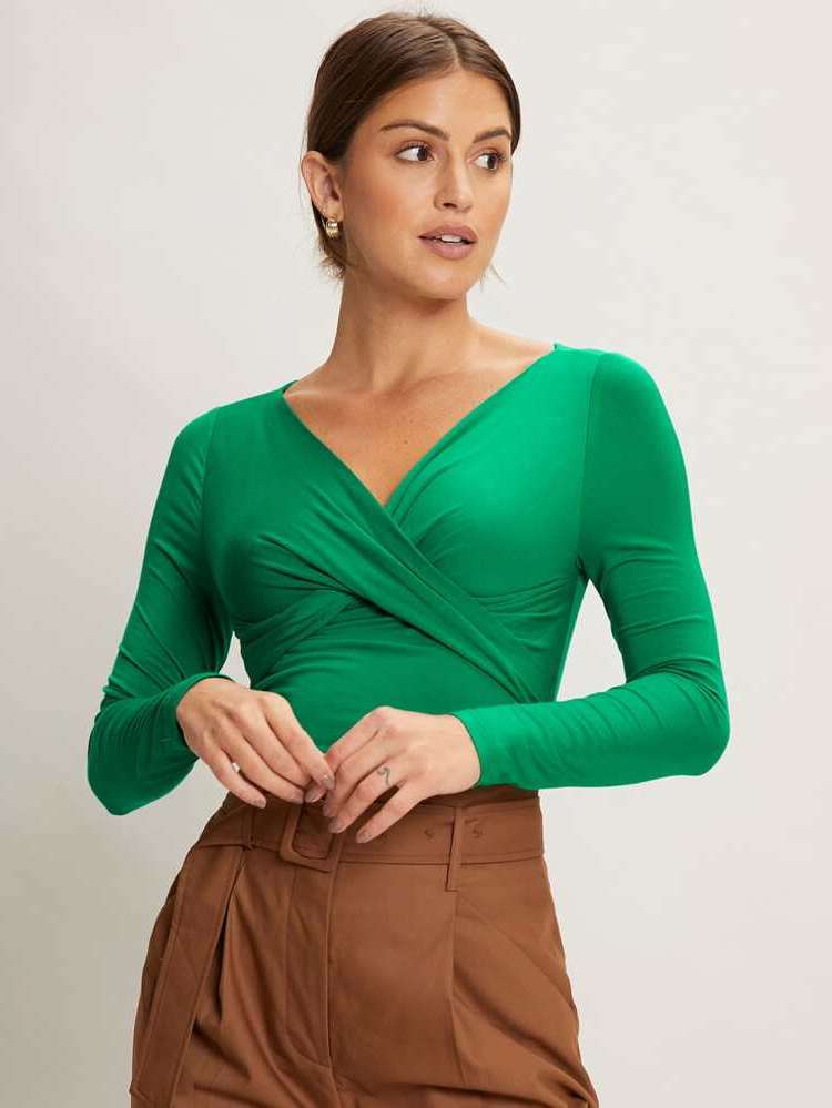  Green Wrap Plain Women Tops, Blouses  Tee 626